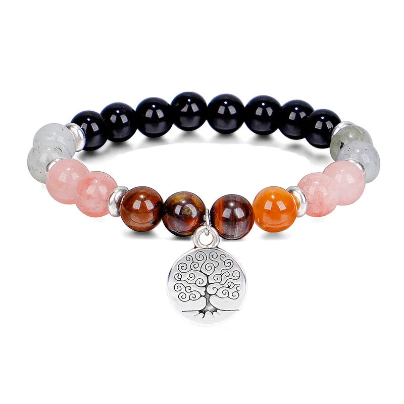 Pink Quartz & Silver-Plated Life Tree Charm Stretch Bracelet