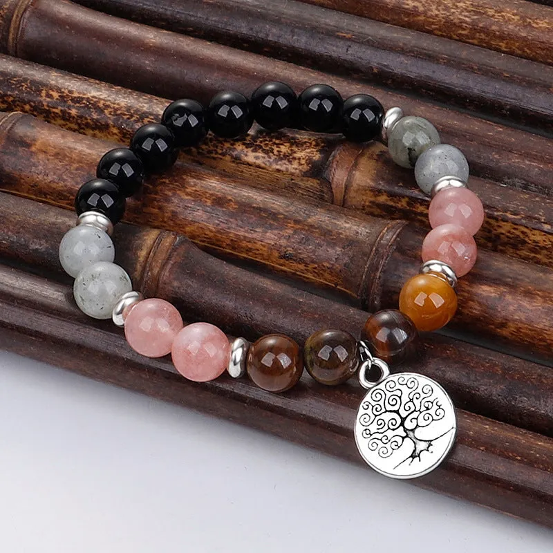 Pink Quartz & Silver-Plated Life Tree Charm Stretch Bracelet