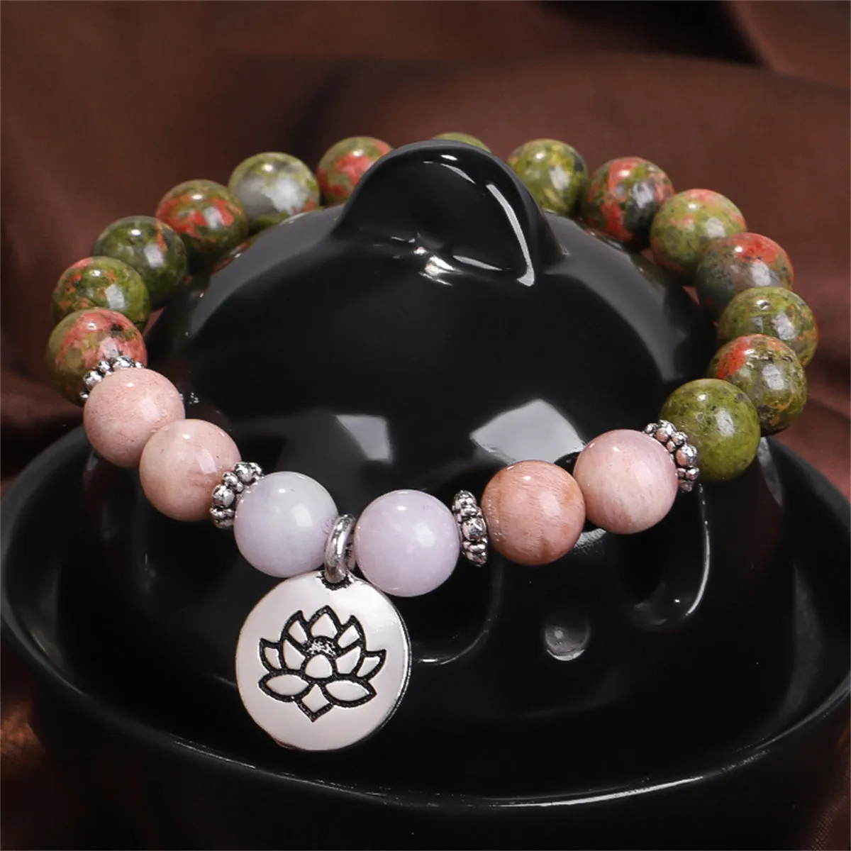 Pink Quartz & Silver-Plated Lotus Charm Beaded Stretch Bracelet