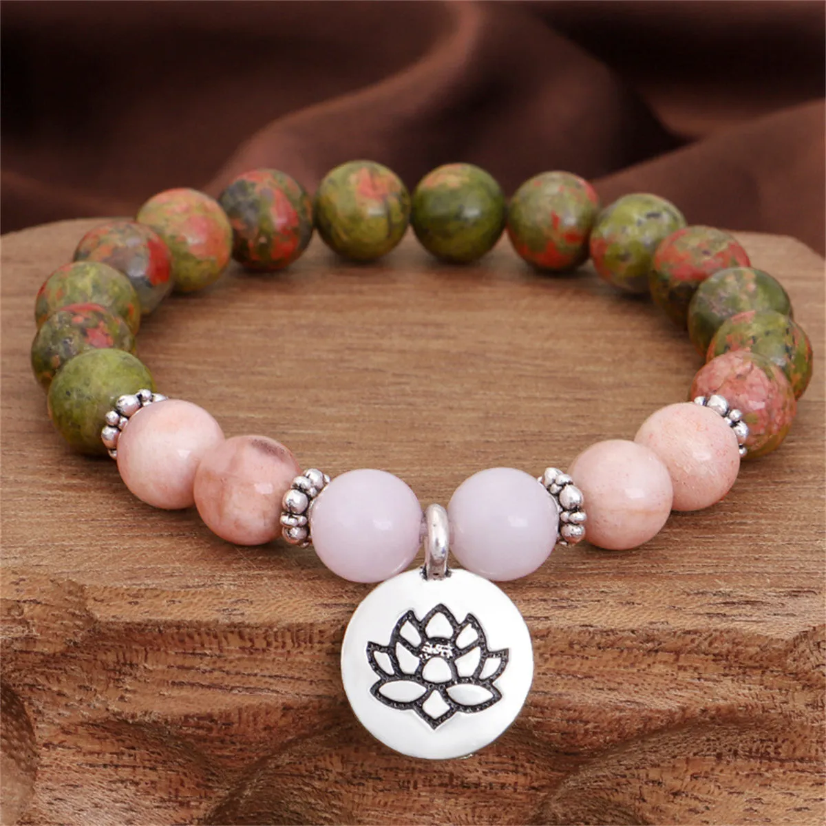 Pink Quartz & Silver-Plated Lotus Charm Beaded Stretch Bracelet