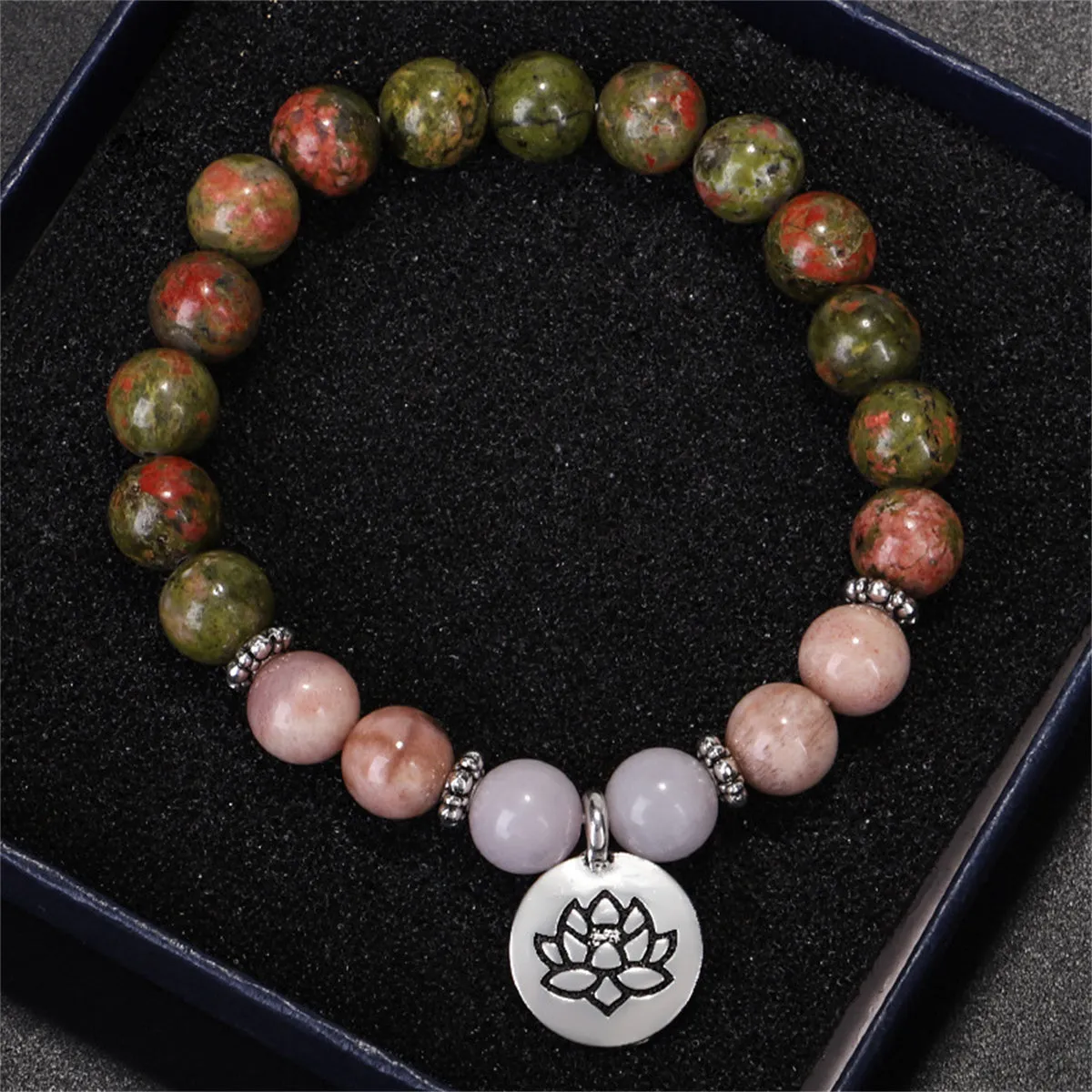 Pink Quartz & Silver-Plated Lotus Charm Beaded Stretch Bracelet
