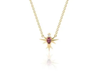 Pink Tourmaline & Diamond Bird Necklace-Yellow Gold