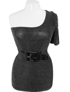 Plus Size Sparkling One Shoulder Belt Silver Top