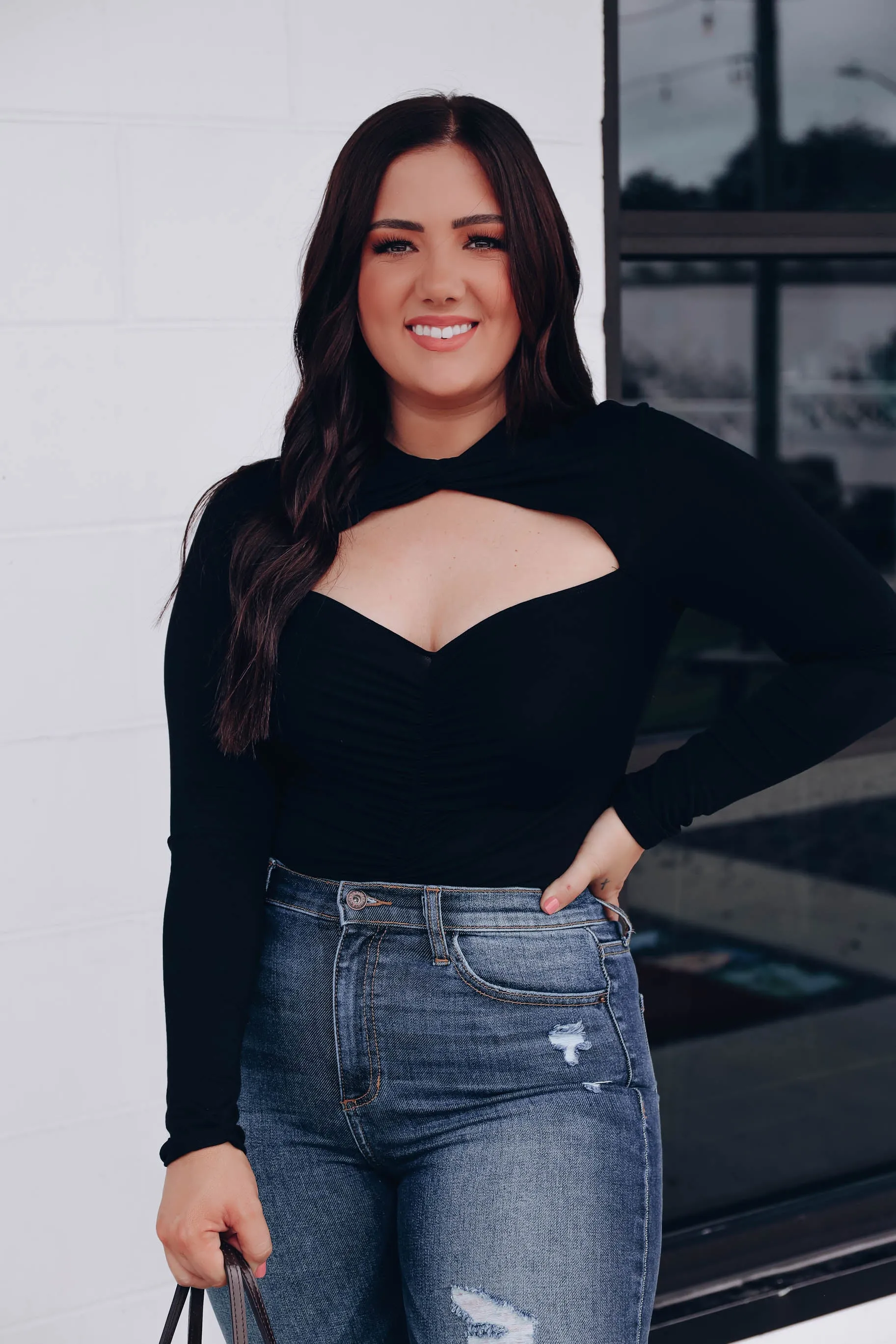 Poised Peekaboo Ruched Bodysuit - Black