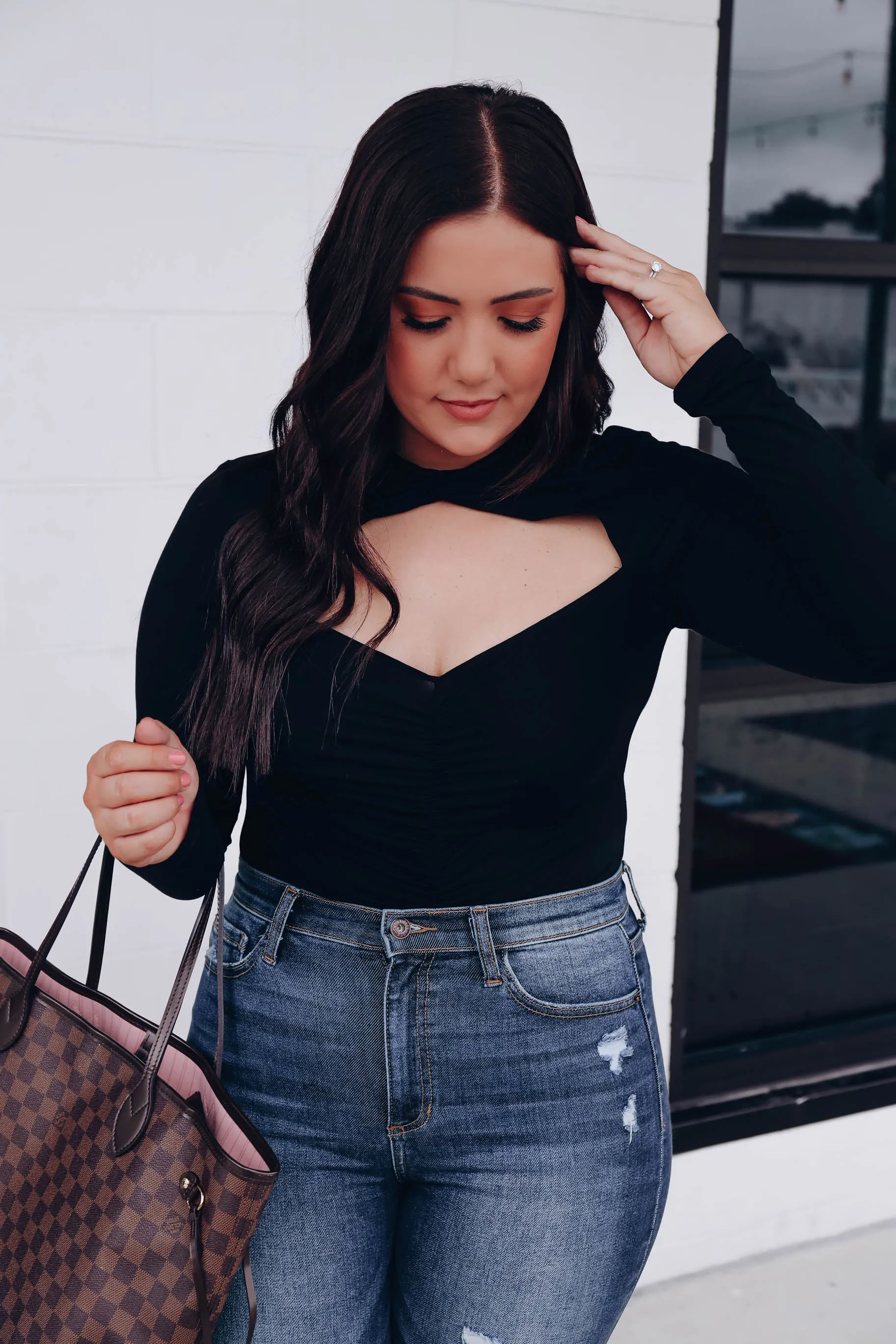 Poised Peekaboo Ruched Bodysuit - Black