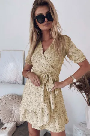 Polka Dot Print Wrap V-Neck Ruffle Dress