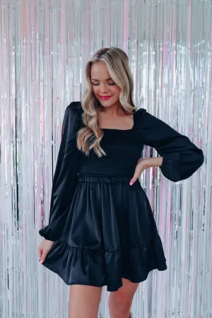 Positive Spirit Smocked Satin Mini Dress - Black