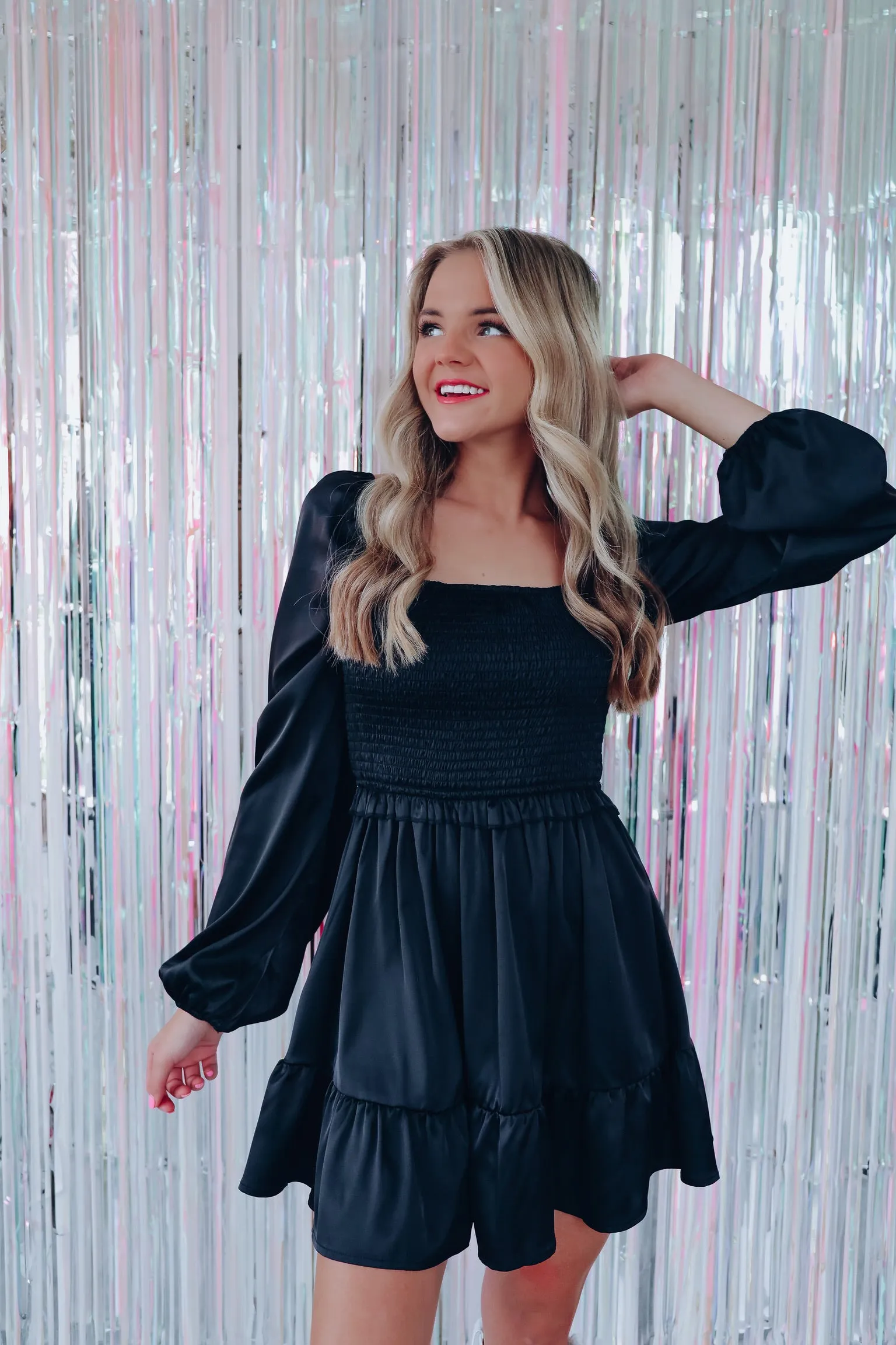 Positive Spirit Smocked Satin Mini Dress - Black
