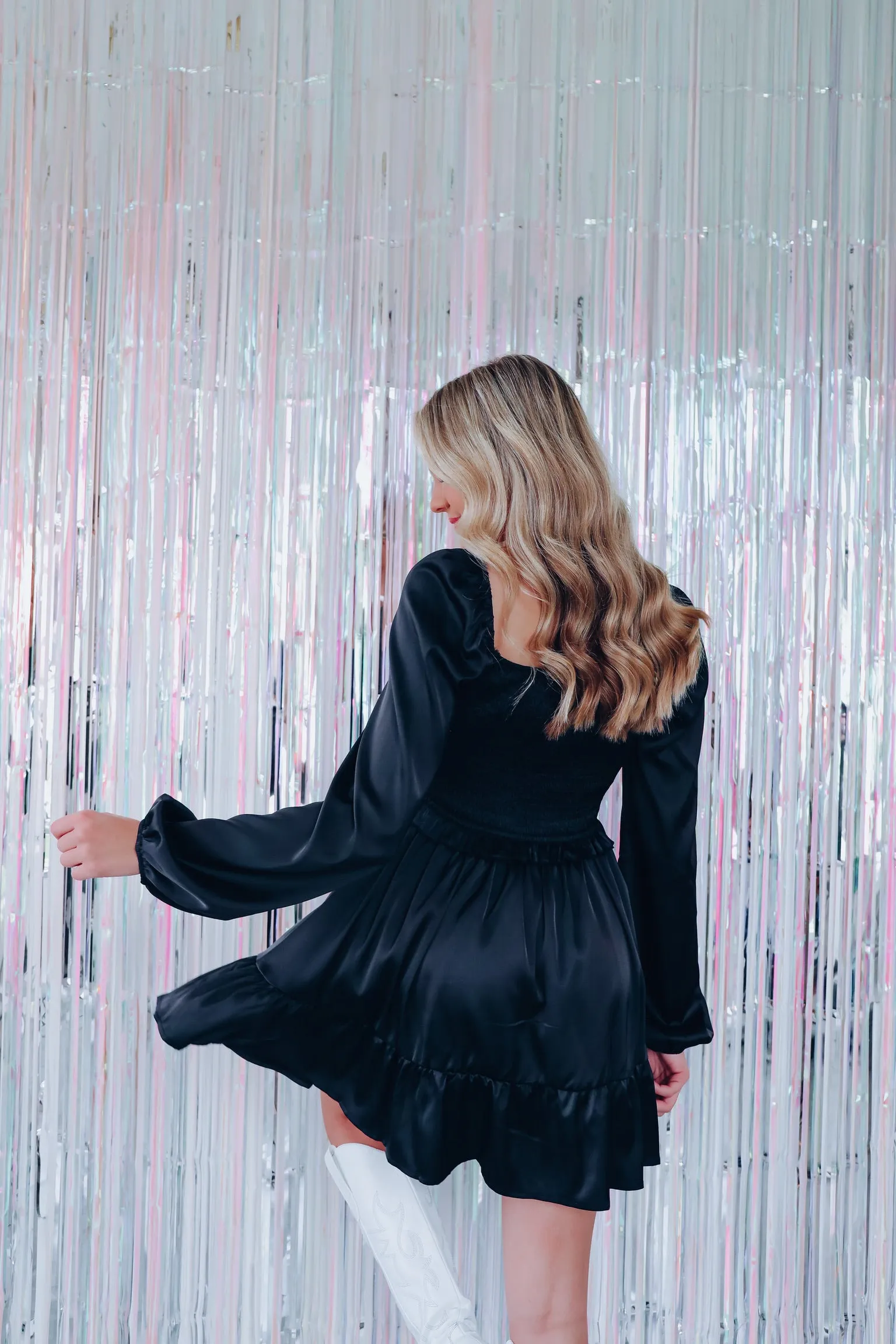 Positive Spirit Smocked Satin Mini Dress - Black