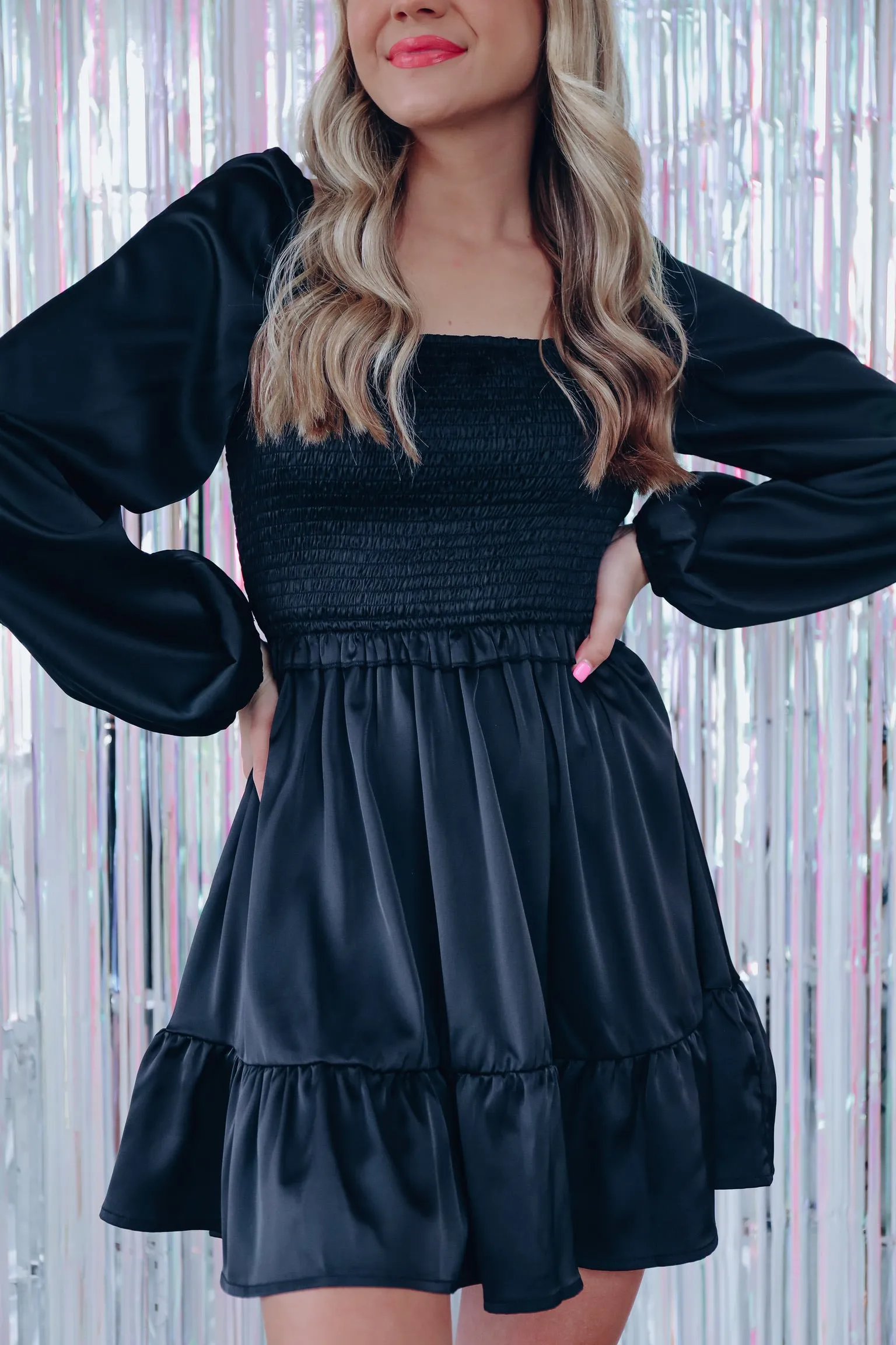 Positive Spirit Smocked Satin Mini Dress - Black