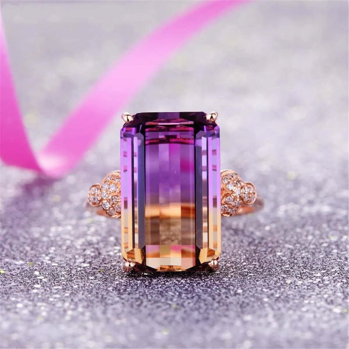 Purple Crystal & Cubic Zirconia 18K Rose Gold-Plated Rectangle Ring