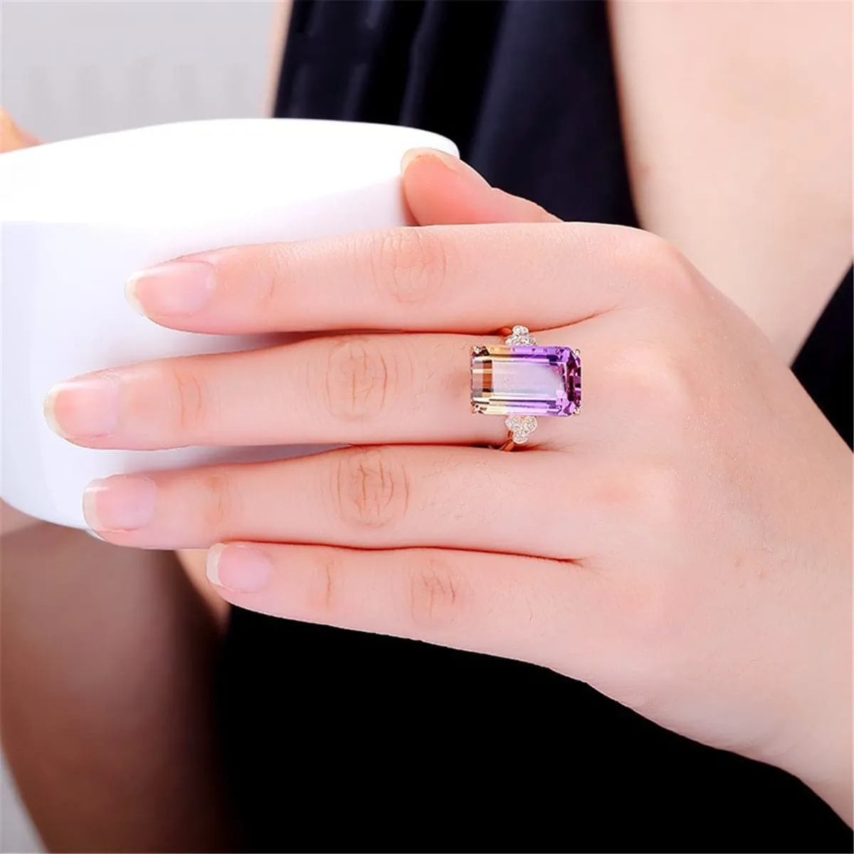 Purple Crystal & Cubic Zirconia 18K Rose Gold-Plated Rectangle Ring