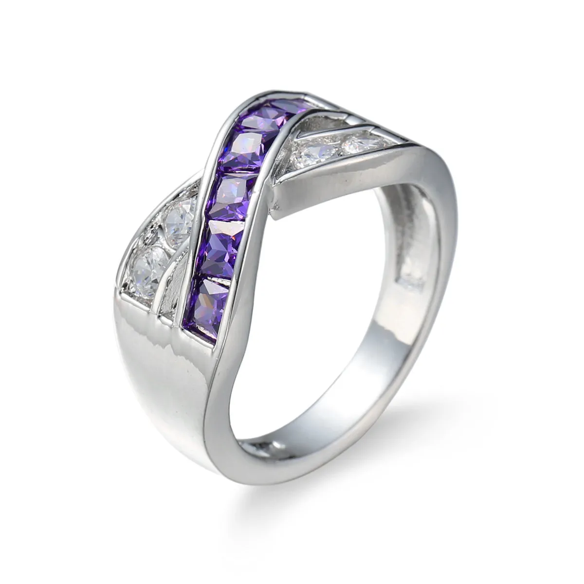 Purple Crystal & Cubic Zirconia Princess-Cut Crisscross Ring