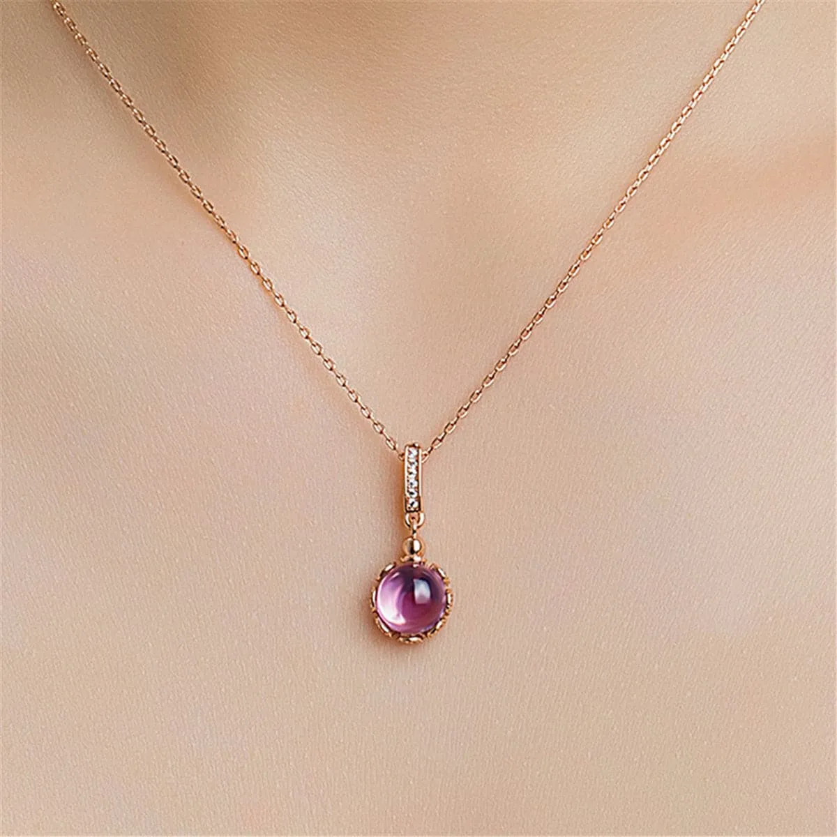 Purple Crystal & Cubic Zirconia Round Pendant Necklace