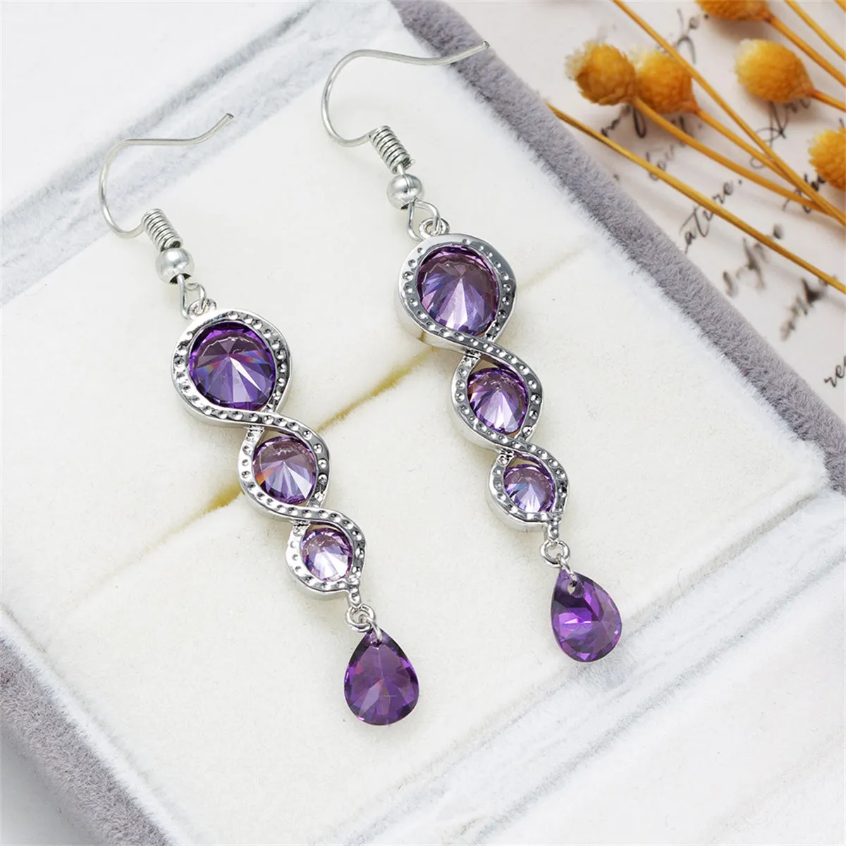 Purple Crystal & Silver-Plated Drop Earrings
