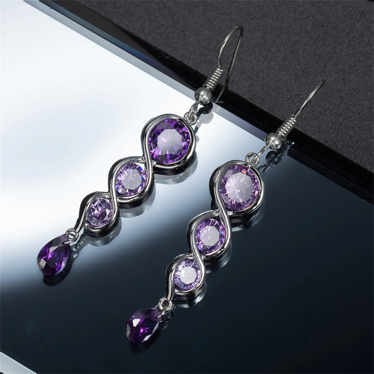 Purple Crystal & Silver-Plated Drop Earrings