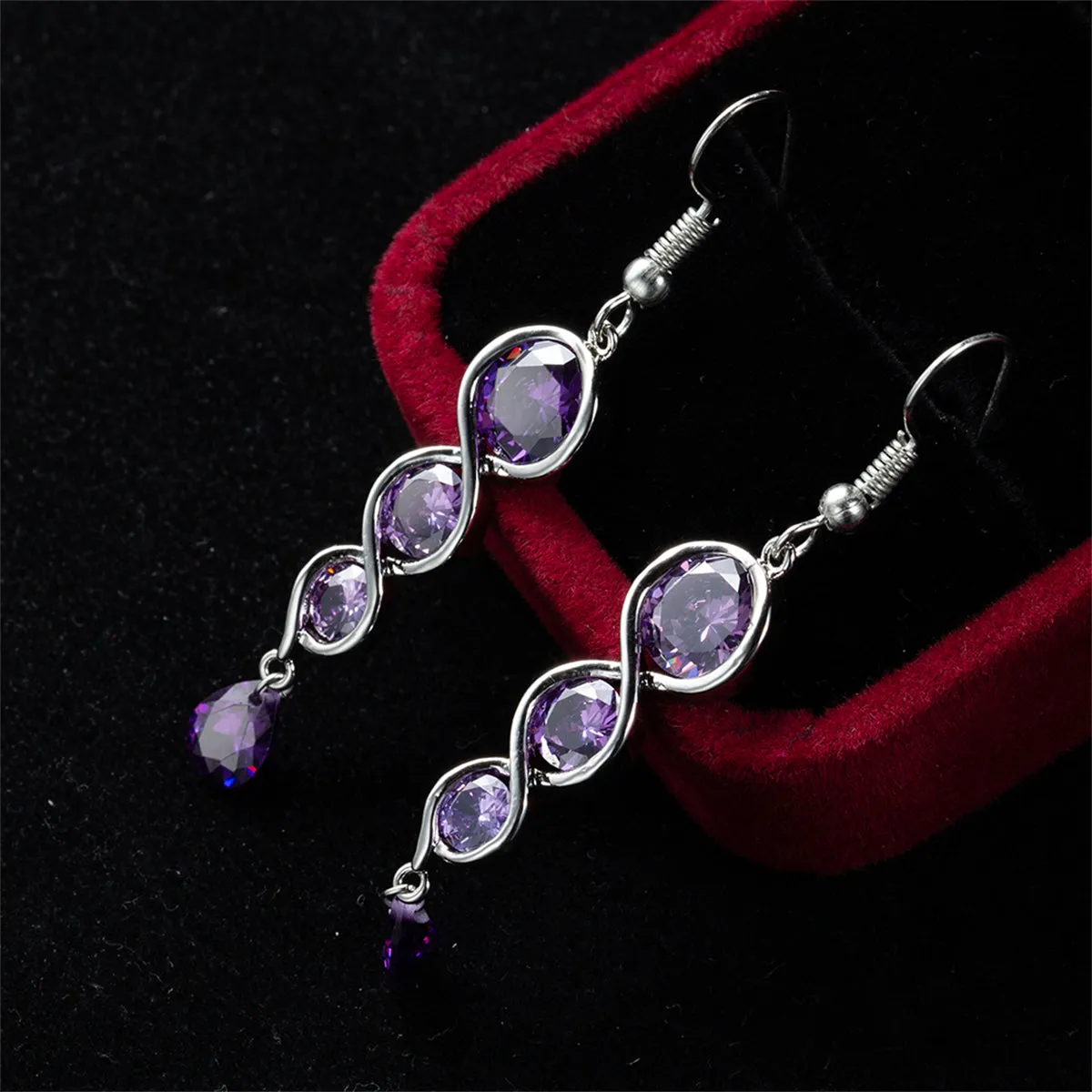 Purple Crystal & Silver-Plated Drop Earrings
