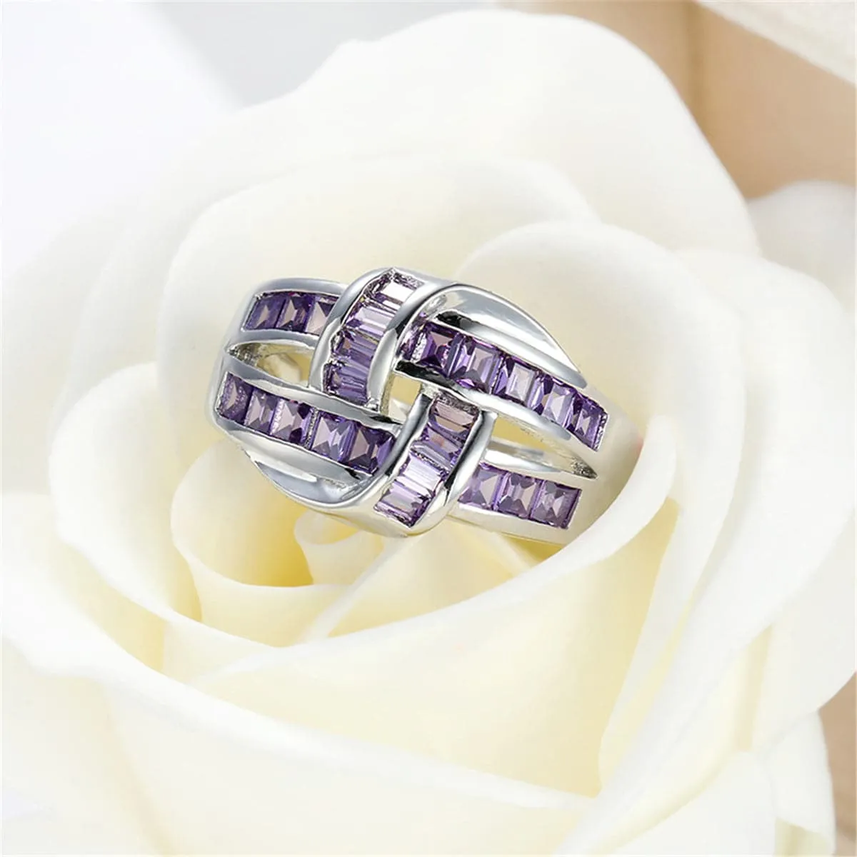 Purple Crystal & Silver-Plated Knot Ring