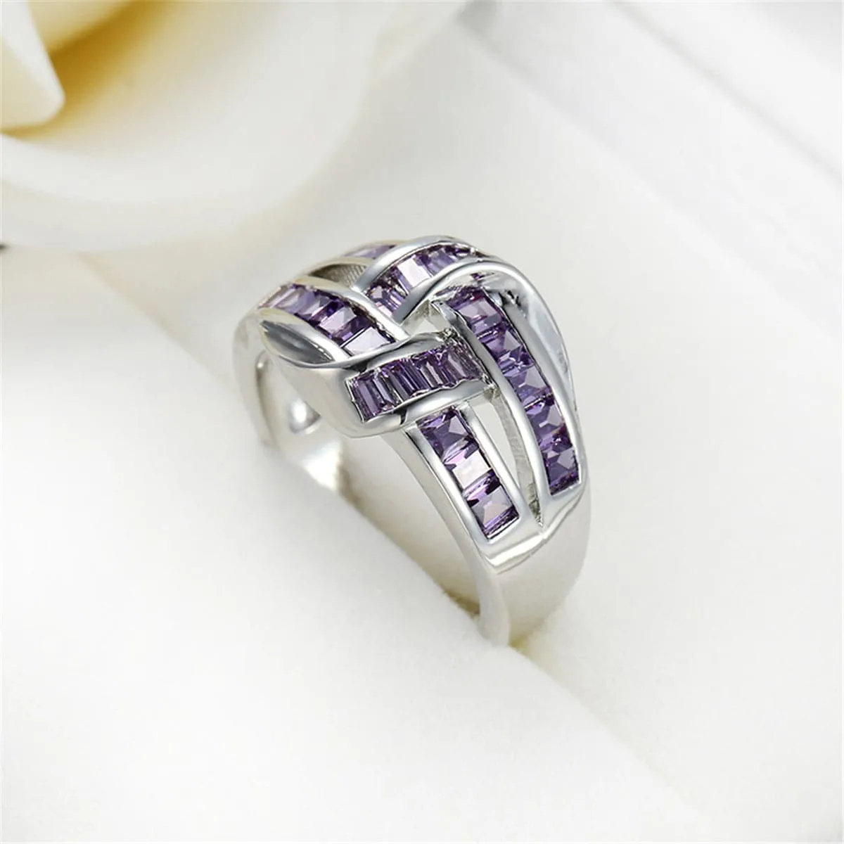 Purple Crystal & Silver-Plated Knot Ring