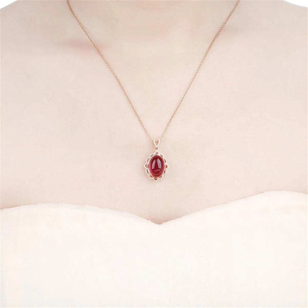 Red Agate & Cubic Zirconia Oval Botany Pendant Necklace
