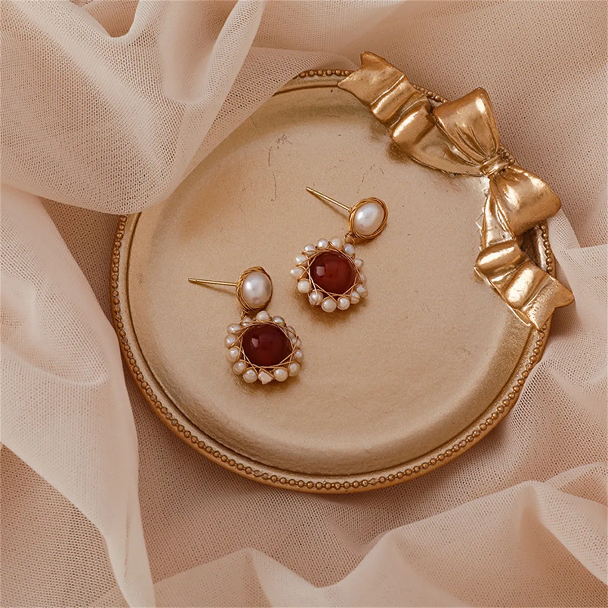 Red Agate & Pearl 18K Gold-Plated Entangled Drop Earrings