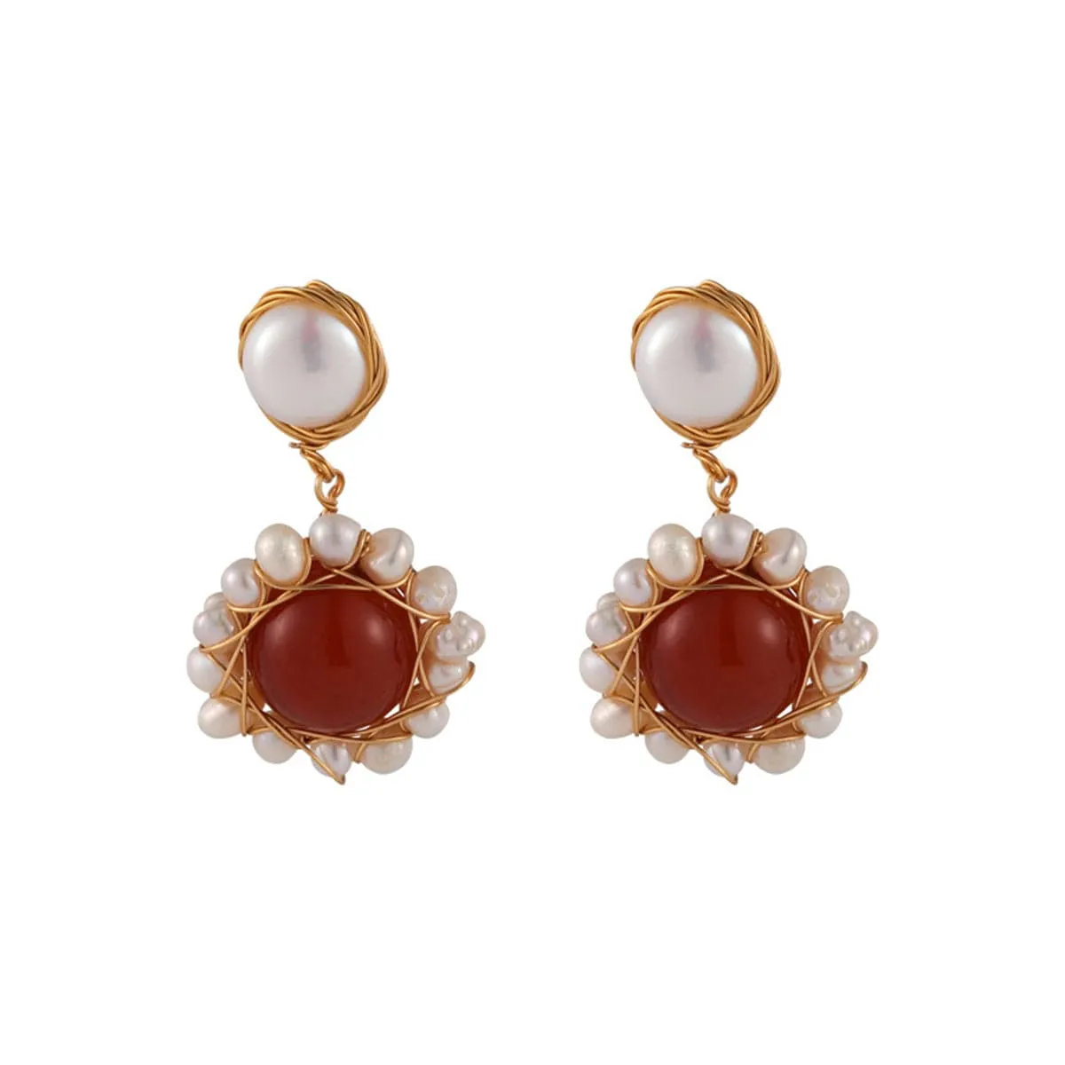 Red Agate & Pearl 18K Gold-Plated Entangled Drop Earrings