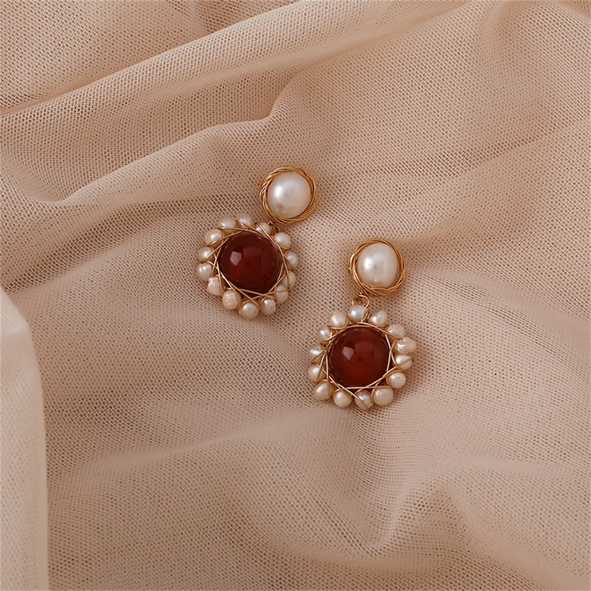 Red Agate & Pearl 18K Gold-Plated Entangled Drop Earrings