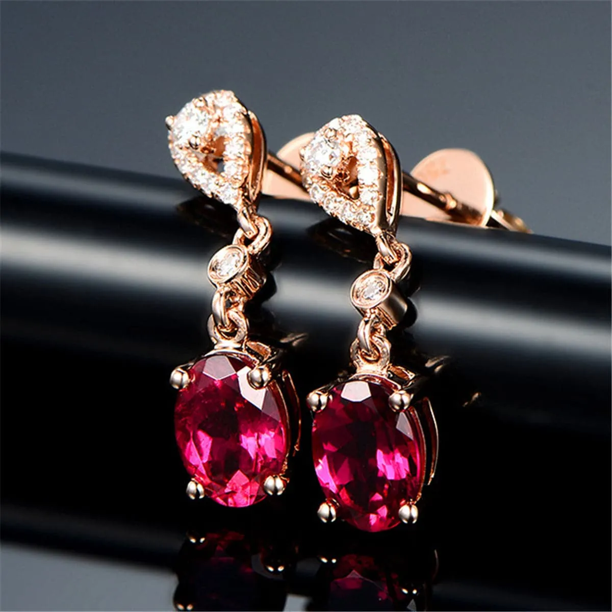 Red & White Cubic Zirconia Oval Drop Earrings