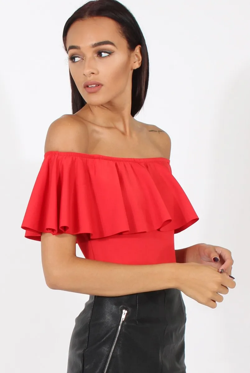 Red Bardot Frill Layer Bodysuit - Olga