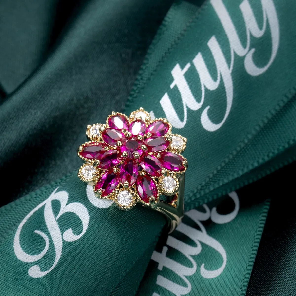 Red Corundum & Cubic Zirconia Flower Ring