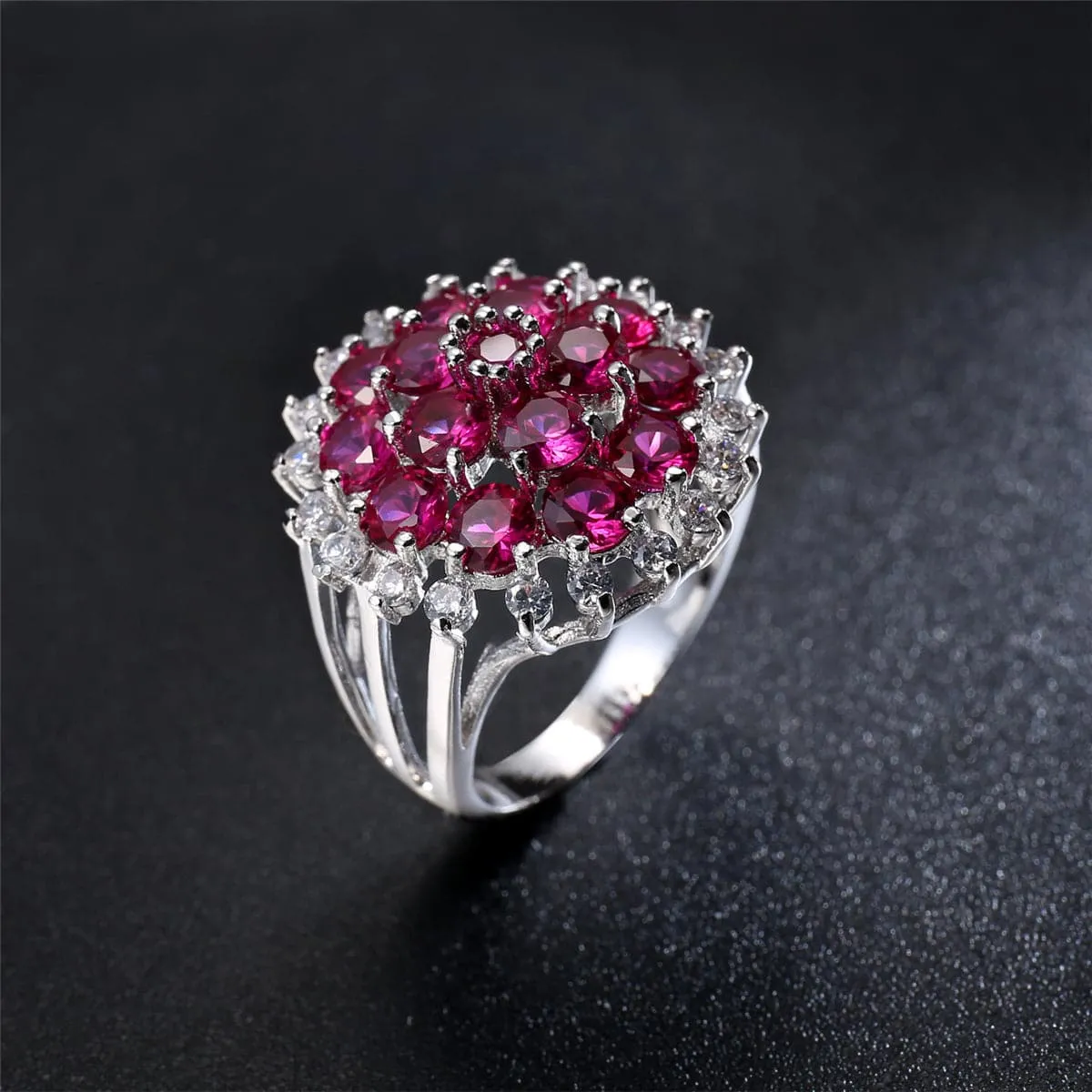Red Corundum & Cubic Zirconia Flower Ring