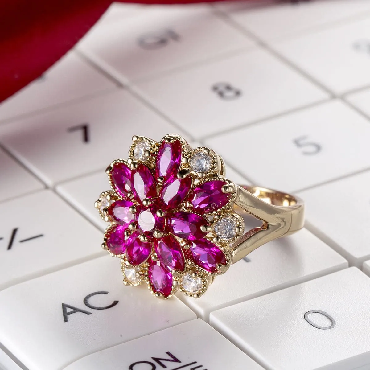 Red Corundum & Cubic Zirconia Flower Ring