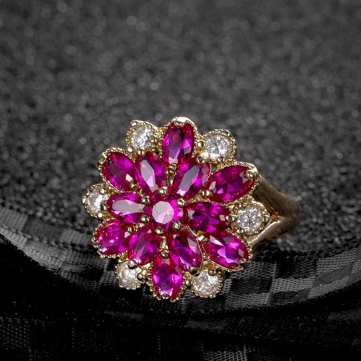 Red Corundum & Cubic Zirconia Flower Ring