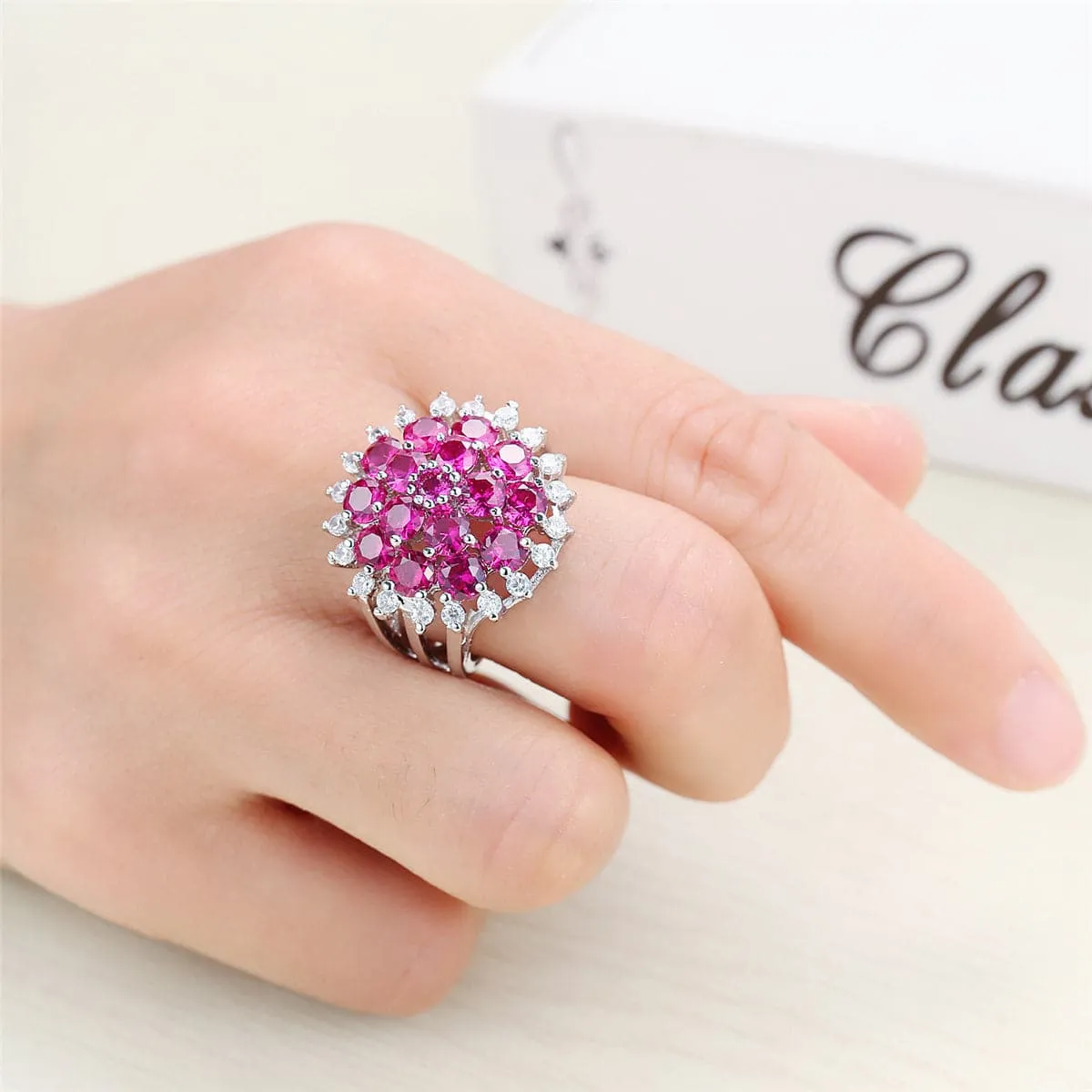 Red Corundum & Cubic Zirconia Flower Ring