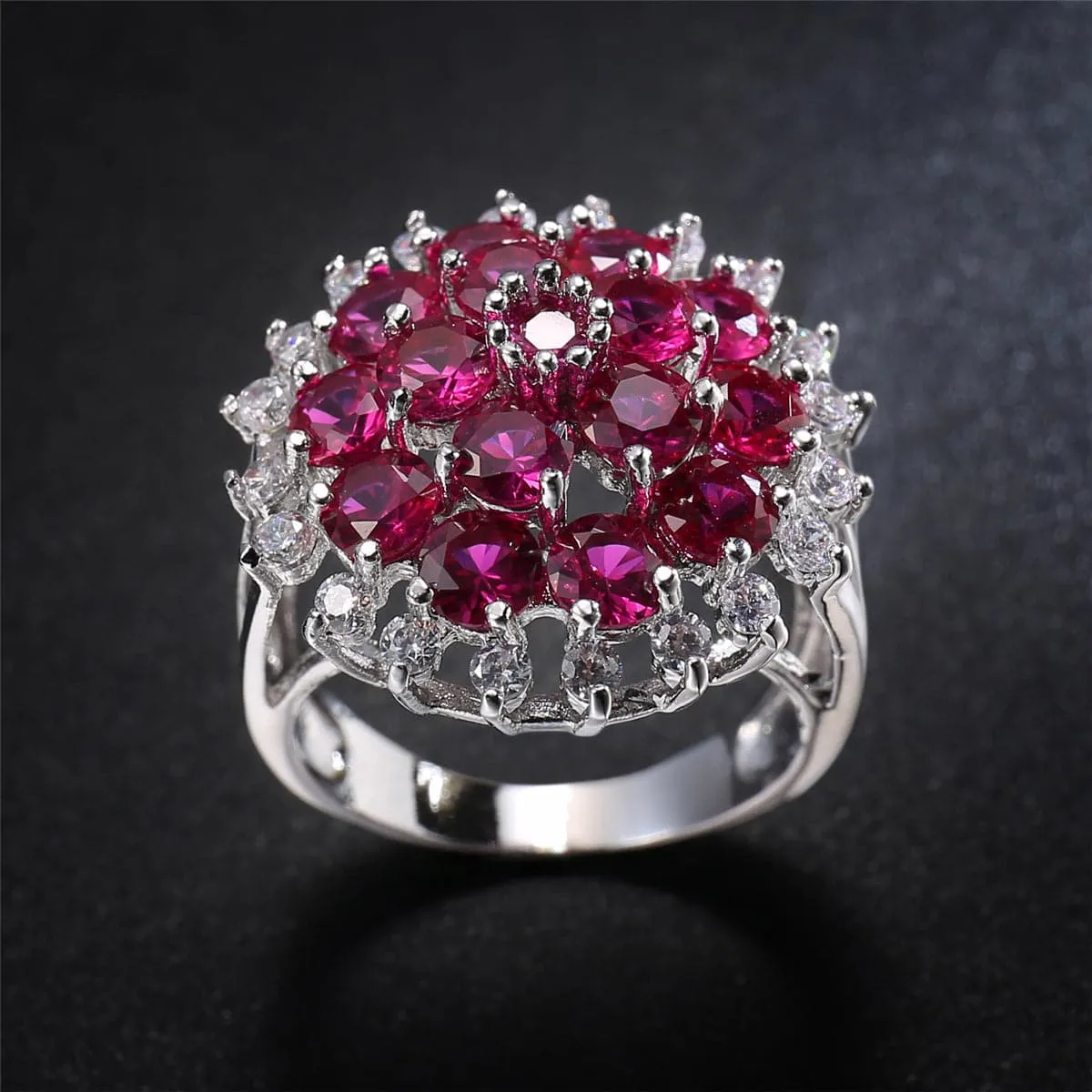Red Corundum & Cubic Zirconia Flower Ring