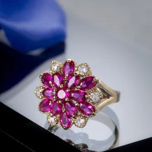 Red Corundum & Cubic Zirconia Flower Ring