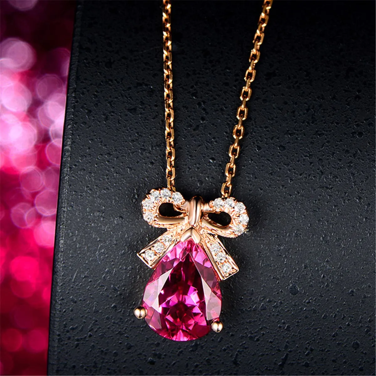 Red Crystal & Cubic Zirconia 18K Rose Gold-Plated Bow Pendant Necklace
