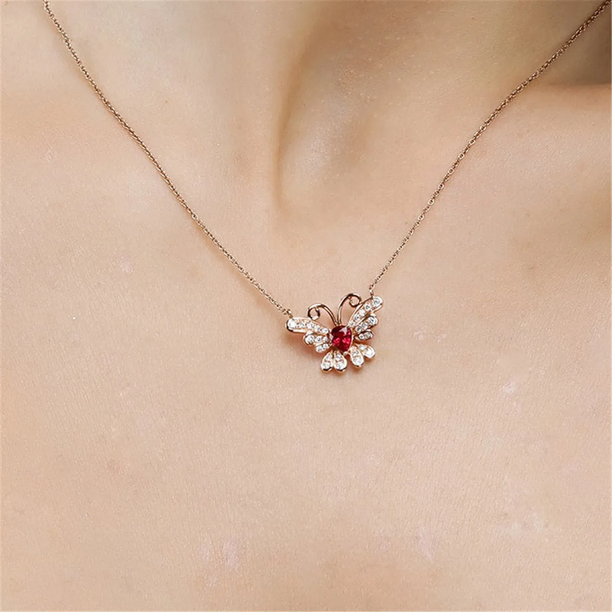 Red Crystal & Cubic Zirconia 18K Rose Gold-Plated Butterfly Pendant Necklace
