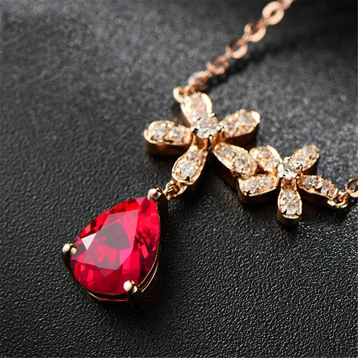 Red Crystal & Cubic Zirconia 18K Rose Gold-Plated Floral Pendant Necklace