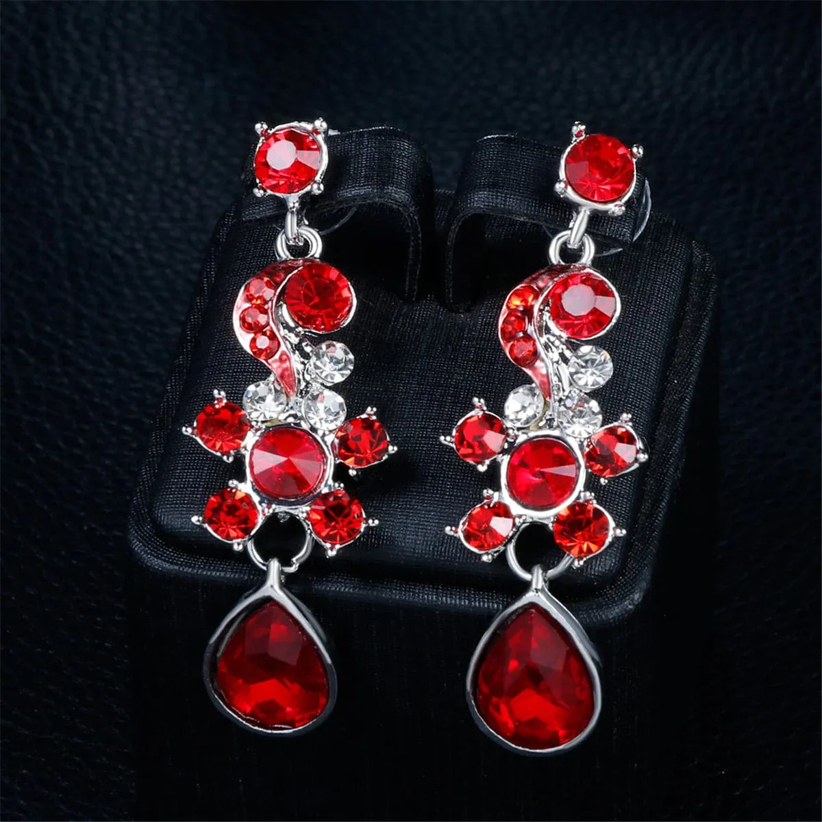 Red Crystal & Cubic Zirconia Flower Drop Earrings & Necklace Set