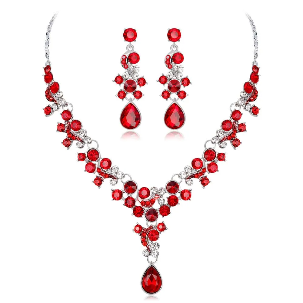 Red Crystal & Cubic Zirconia Flower Drop Earrings & Necklace Set