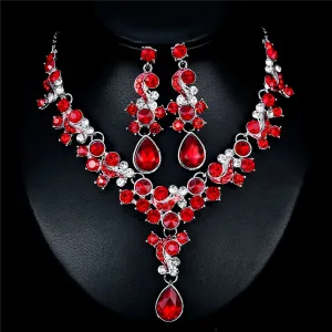Red Crystal & Cubic Zirconia Flower Drop Earrings & Necklace Set
