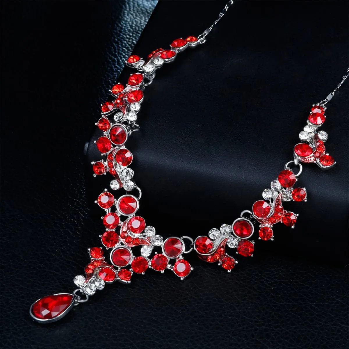 Red Crystal & Cubic Zirconia Flower Drop Earrings & Necklace Set