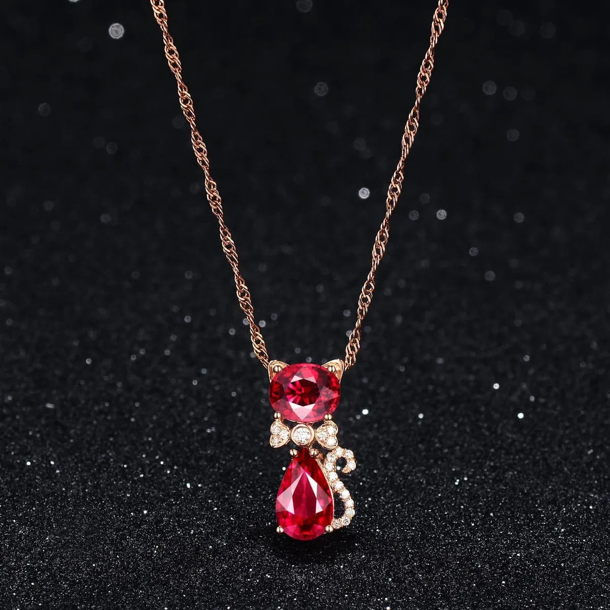 Red Crystal & Cubic Zirconia Kitty Pendant Necklace