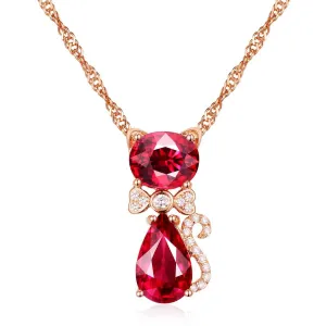 Red Crystal & Cubic Zirconia Kitty Pendant Necklace