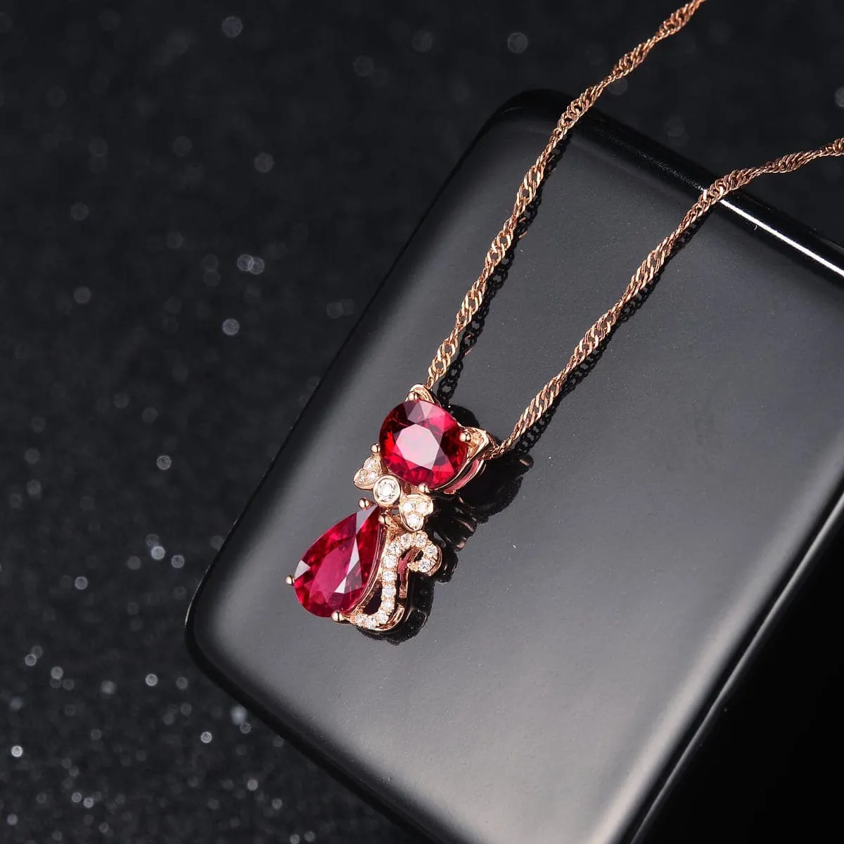 Red Crystal & Cubic Zirconia Kitty Pendant Necklace