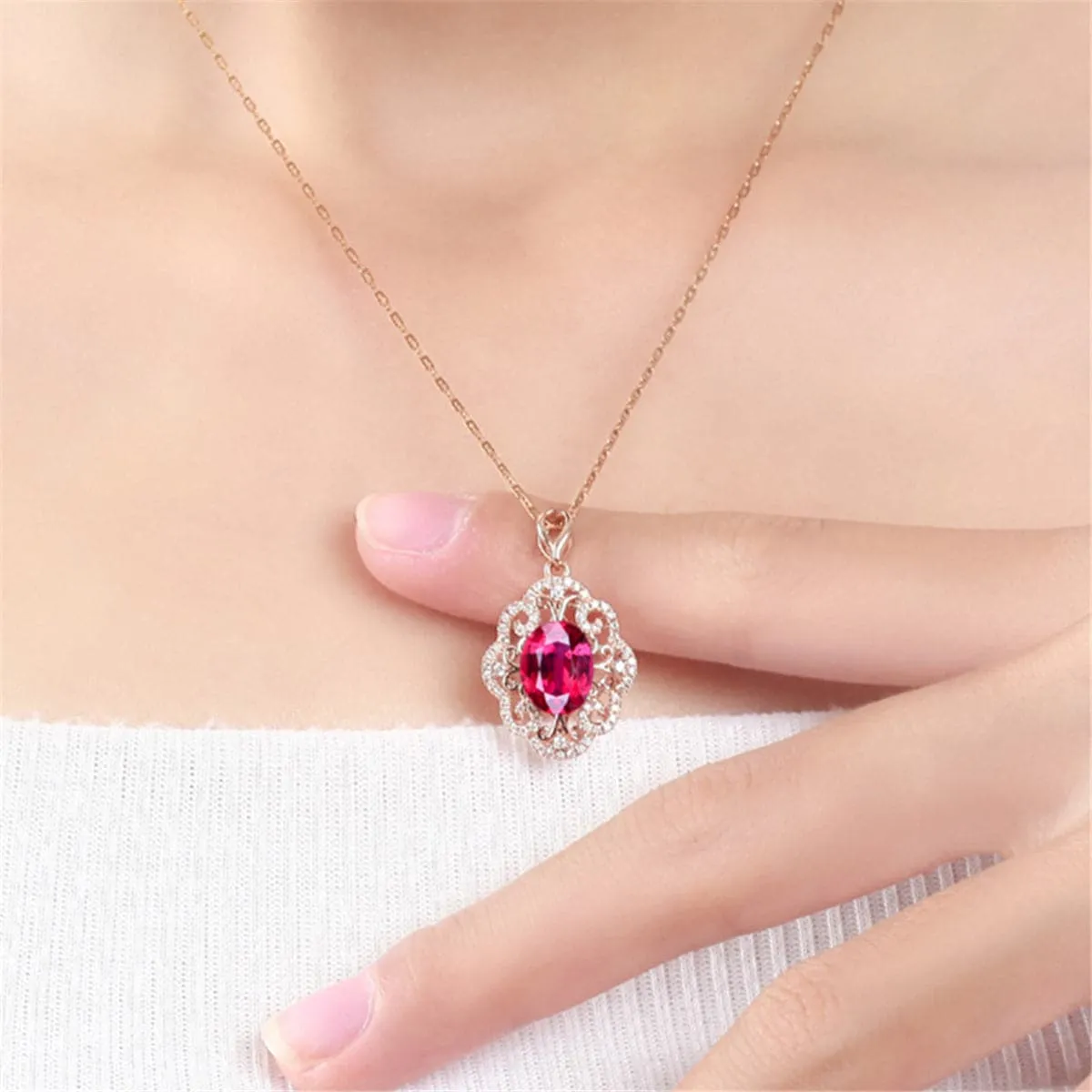 Red Crystal & Cubic Zirconia Oval Botany Pendant Necklace