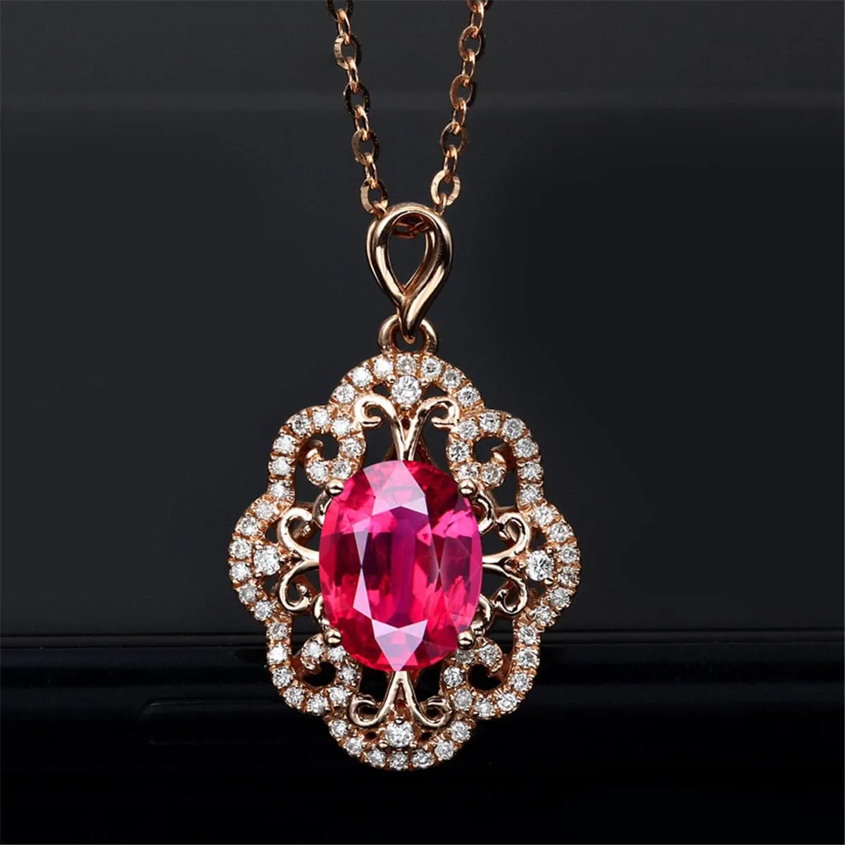 Red Crystal & Cubic Zirconia Oval Botany Pendant Necklace