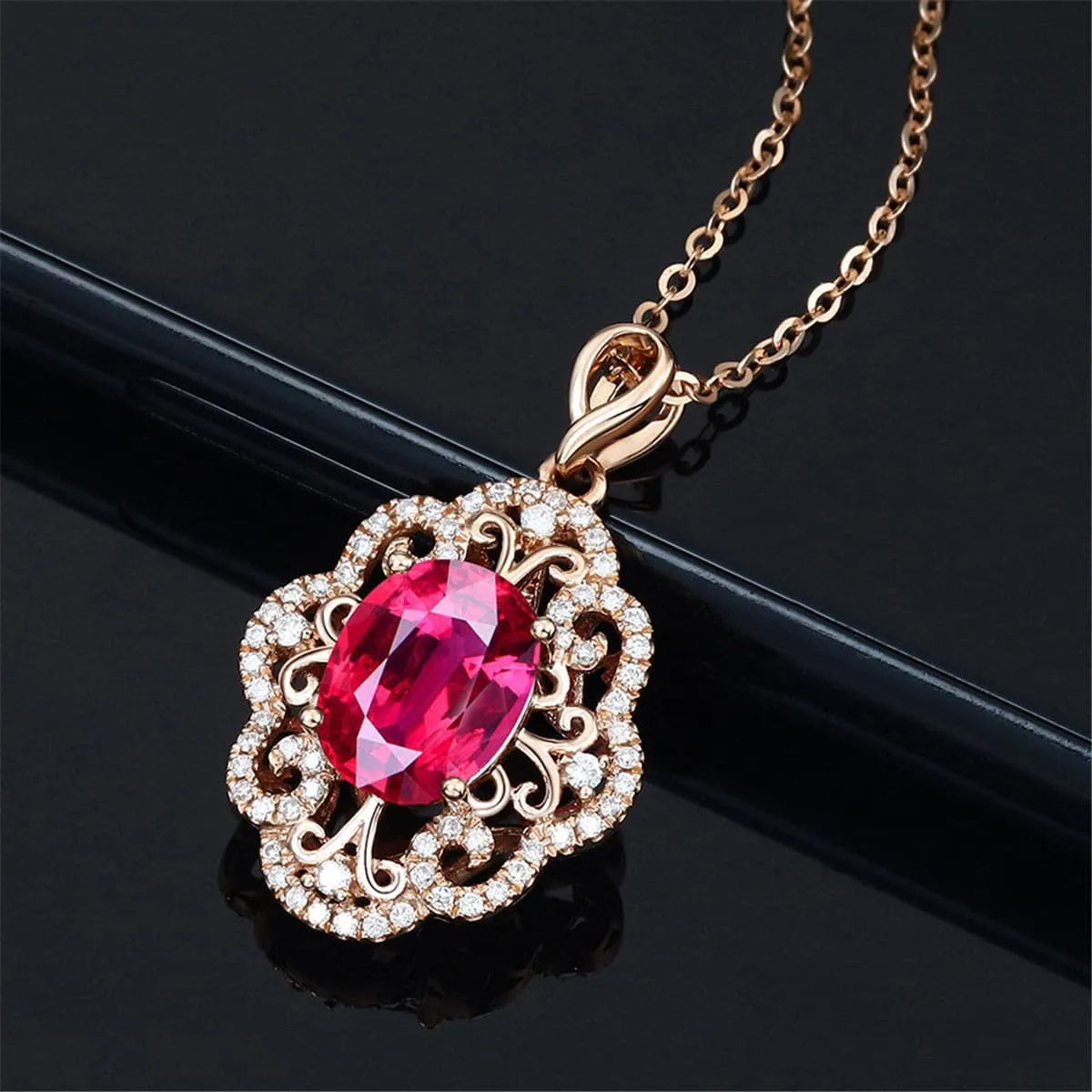 Red Crystal & Cubic Zirconia Oval Botany Pendant Necklace