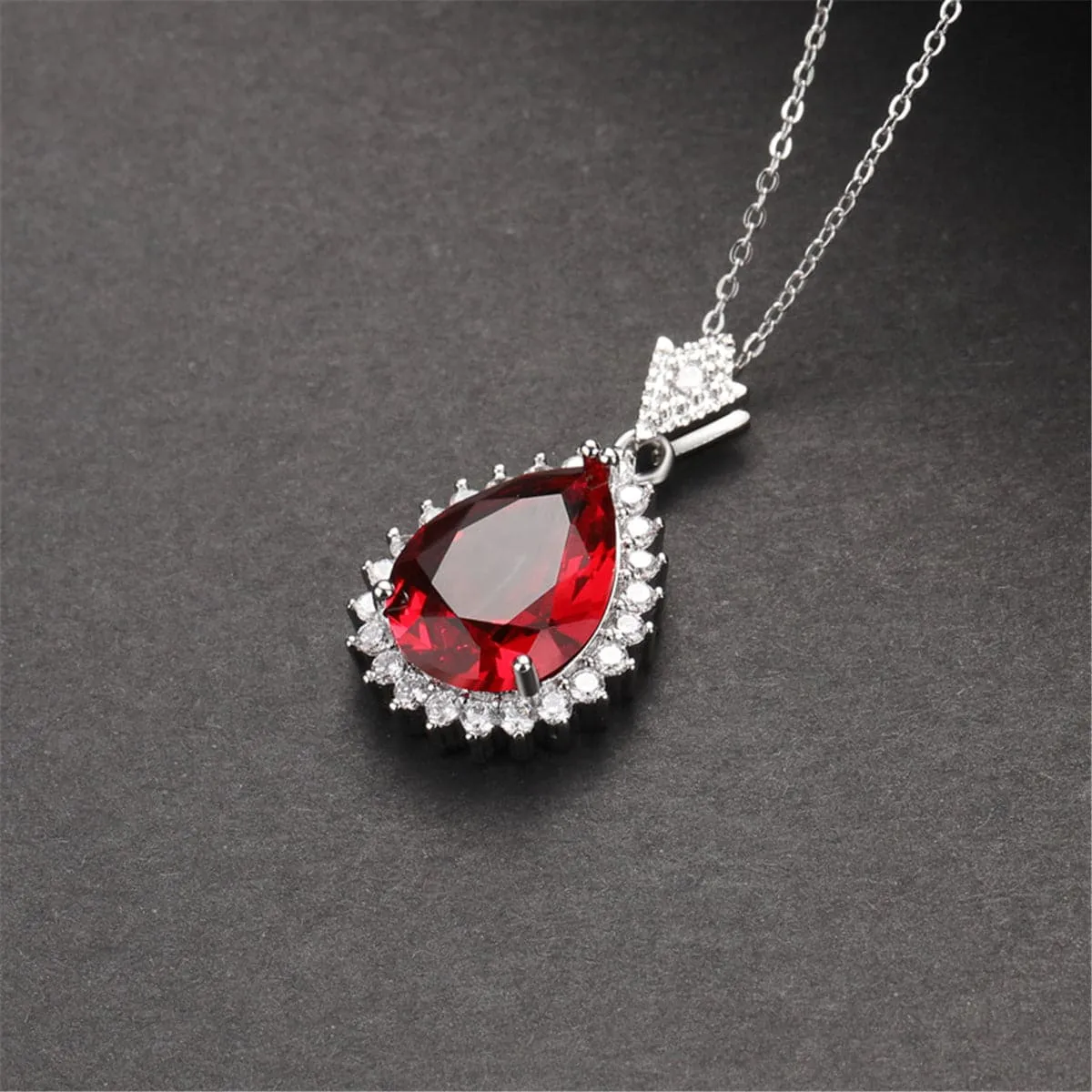 Red Crystal & Cubic Zirconia Pear Cut Halo Pendant Necklace